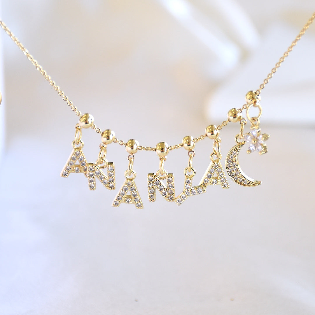 Name Necklace with Charms | Gold Finish Pendant for Women & Teens