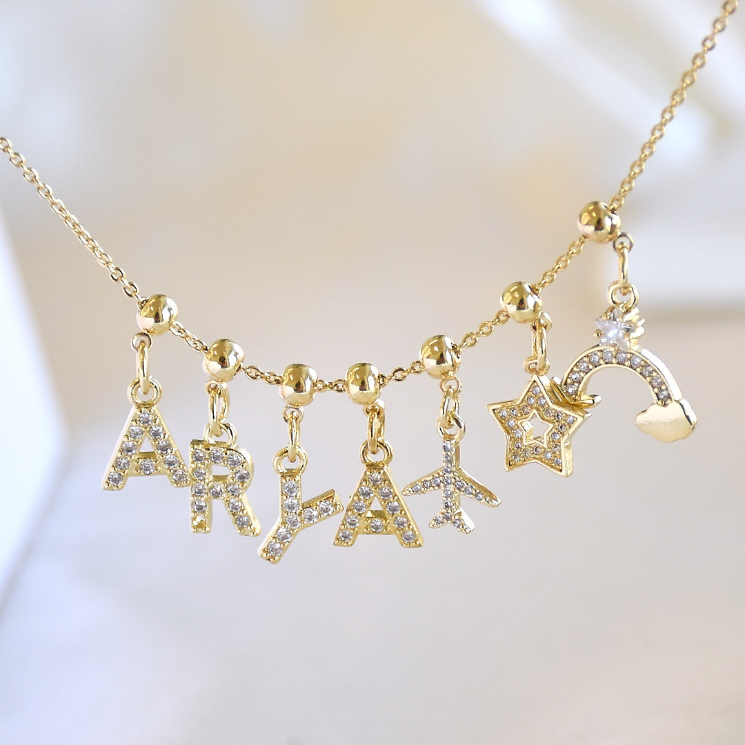 Name Necklace with Charms | Gold Finish Pendant for Women & Teens