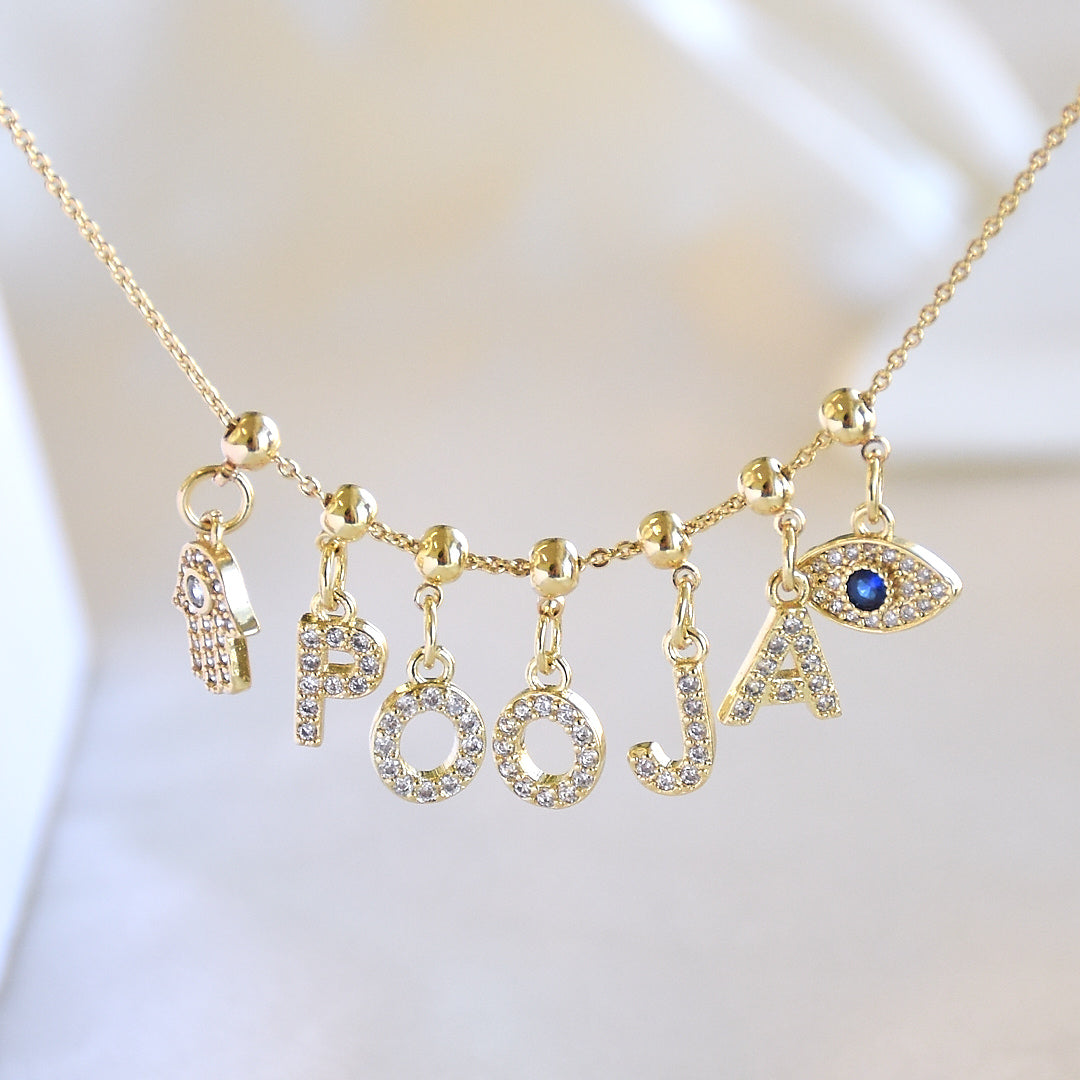 Name Necklace with Charms | Gold Finish Pendant for Women & Teens