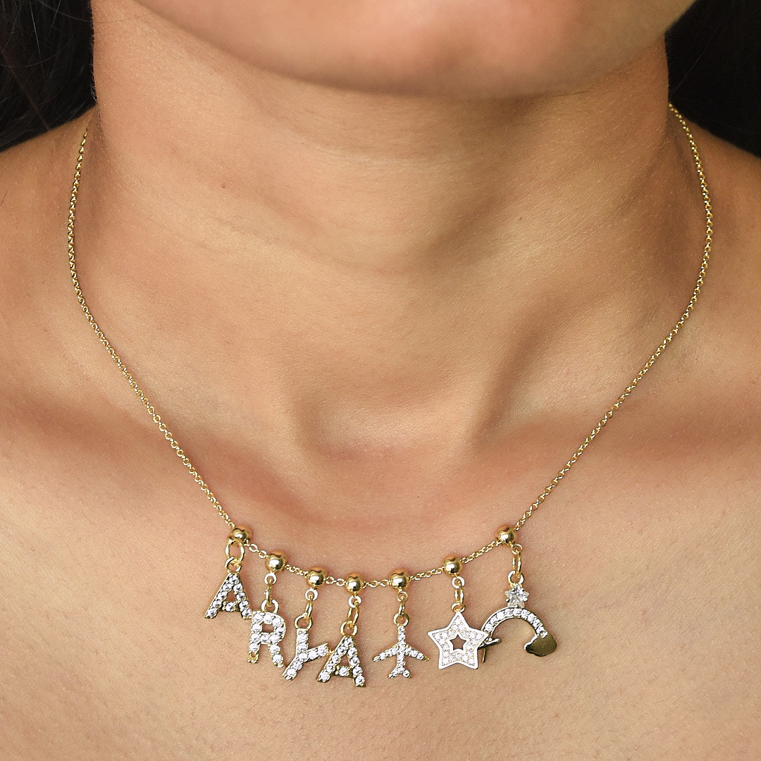 Name Necklace with Charms | Gold Finish Pendant for Women & Teens