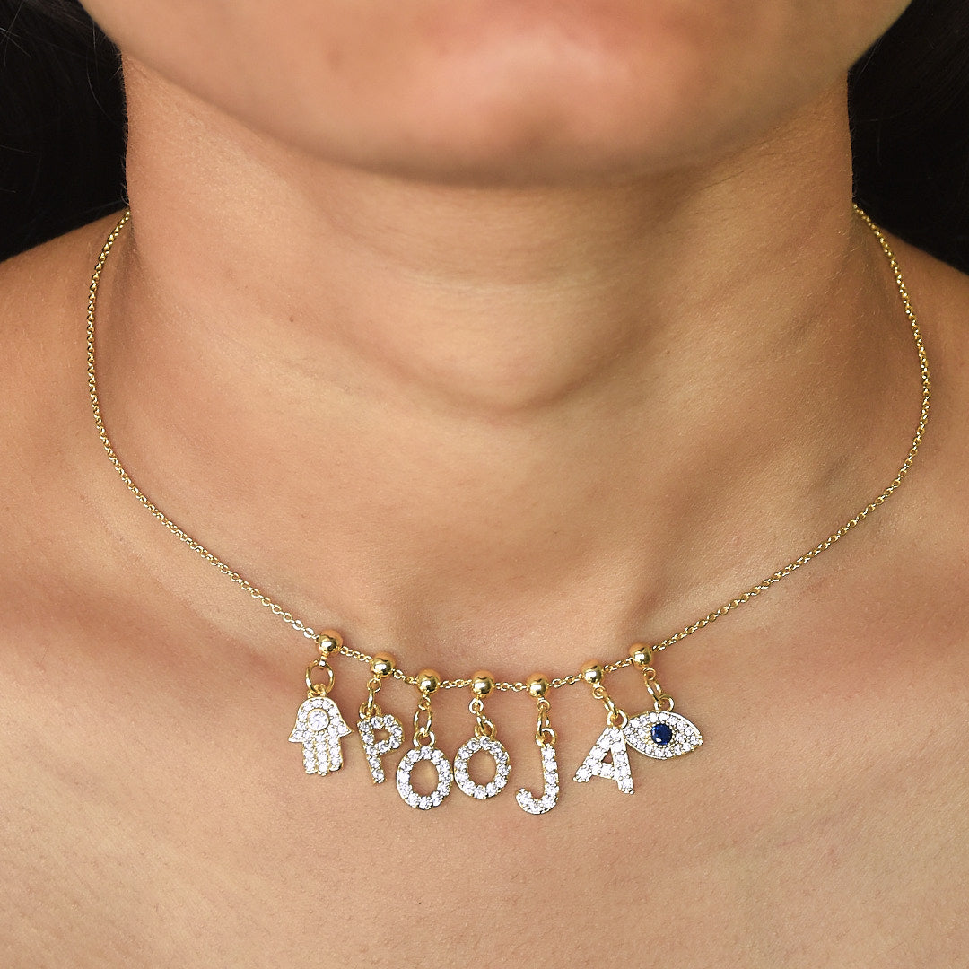Name Necklace with Charms | Gold Finish Pendant for Women & Teens