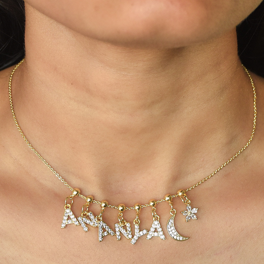 Name Necklace with Charms | Gold Finish Pendant for Women & Teens