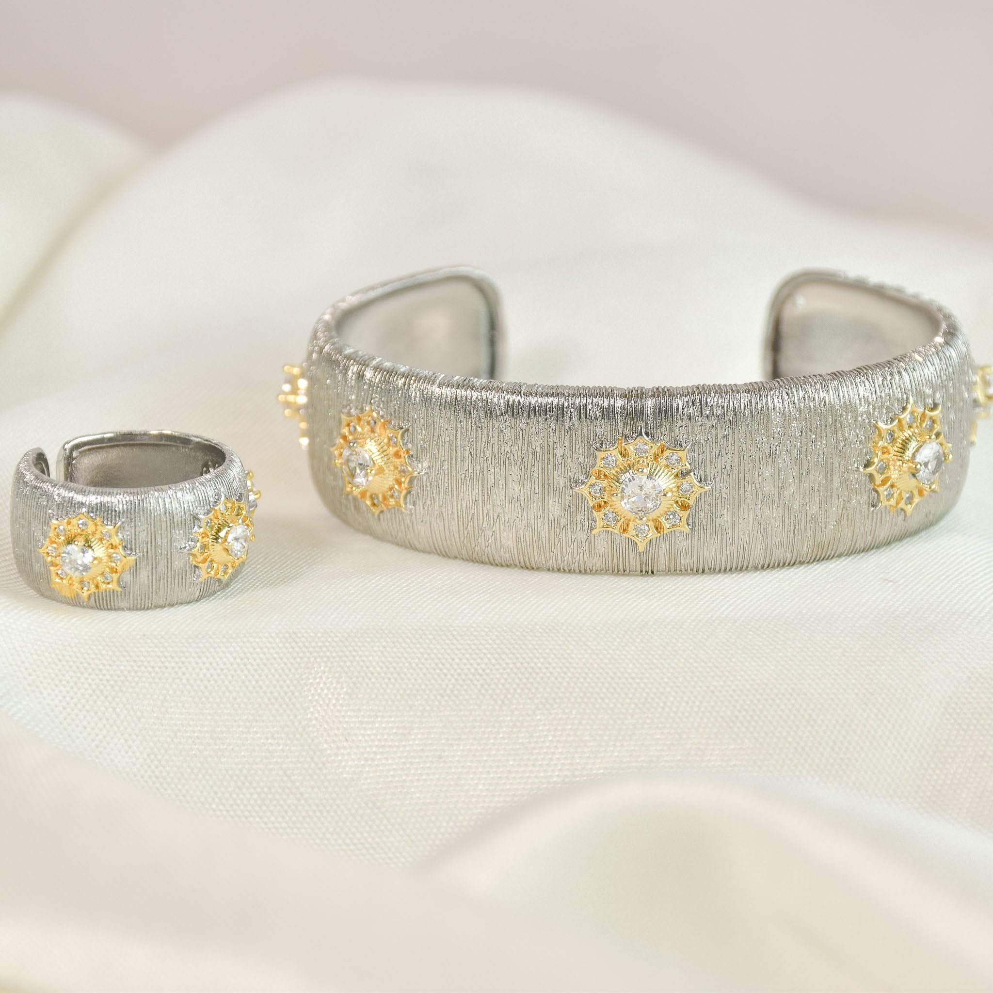 Modern Textured Diamond Bangle & Ring Set