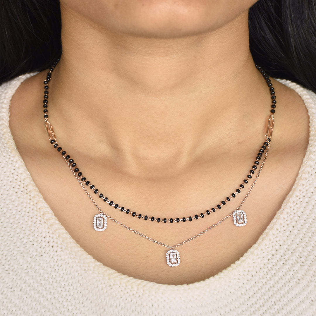 Three Diamond Rectangular Layered Mangalsutra Necklace
