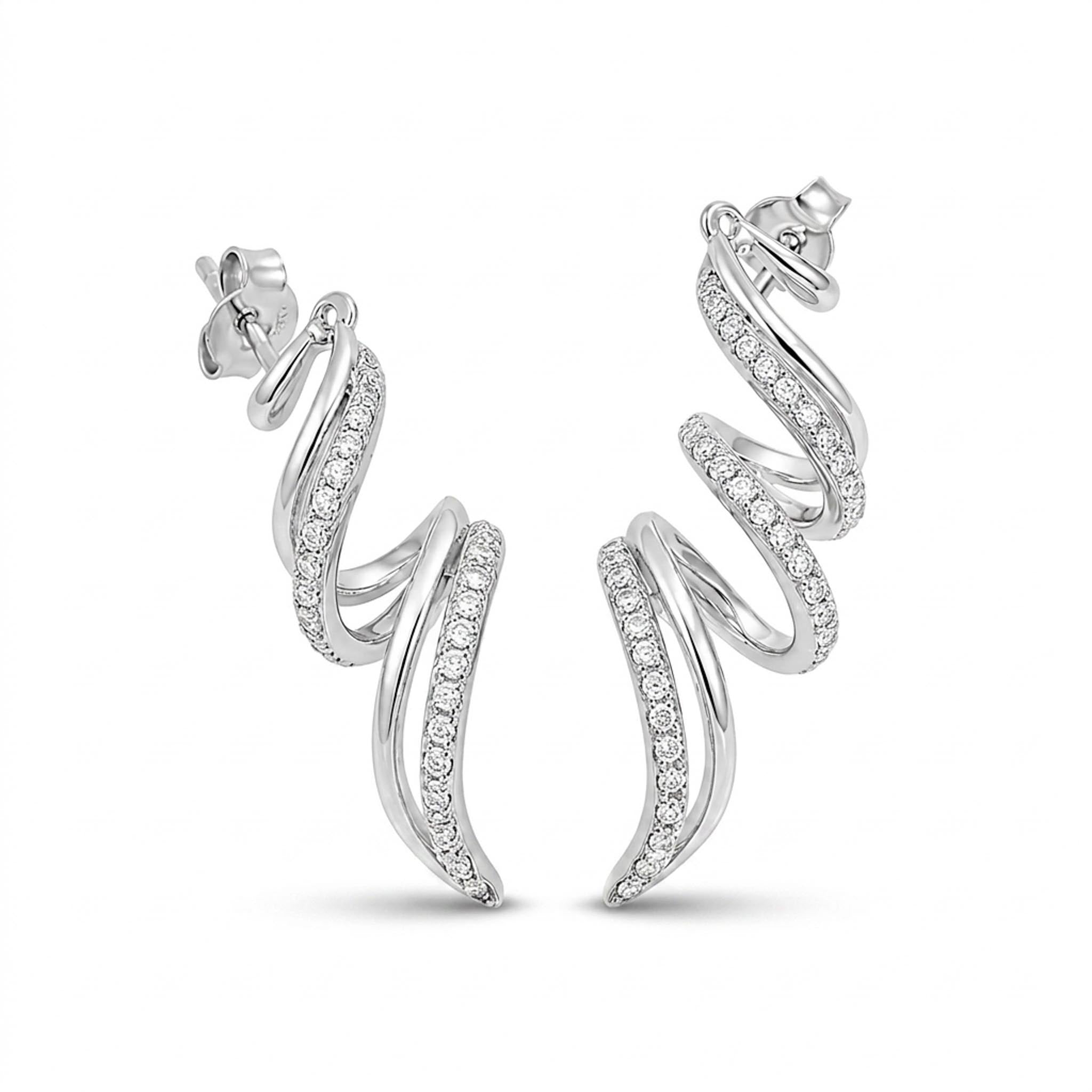 Diamond Swirl 925 Sterling Silver Earrings featuring an elegant spiral design accented with sparkling pave-set cubic zirconia stones