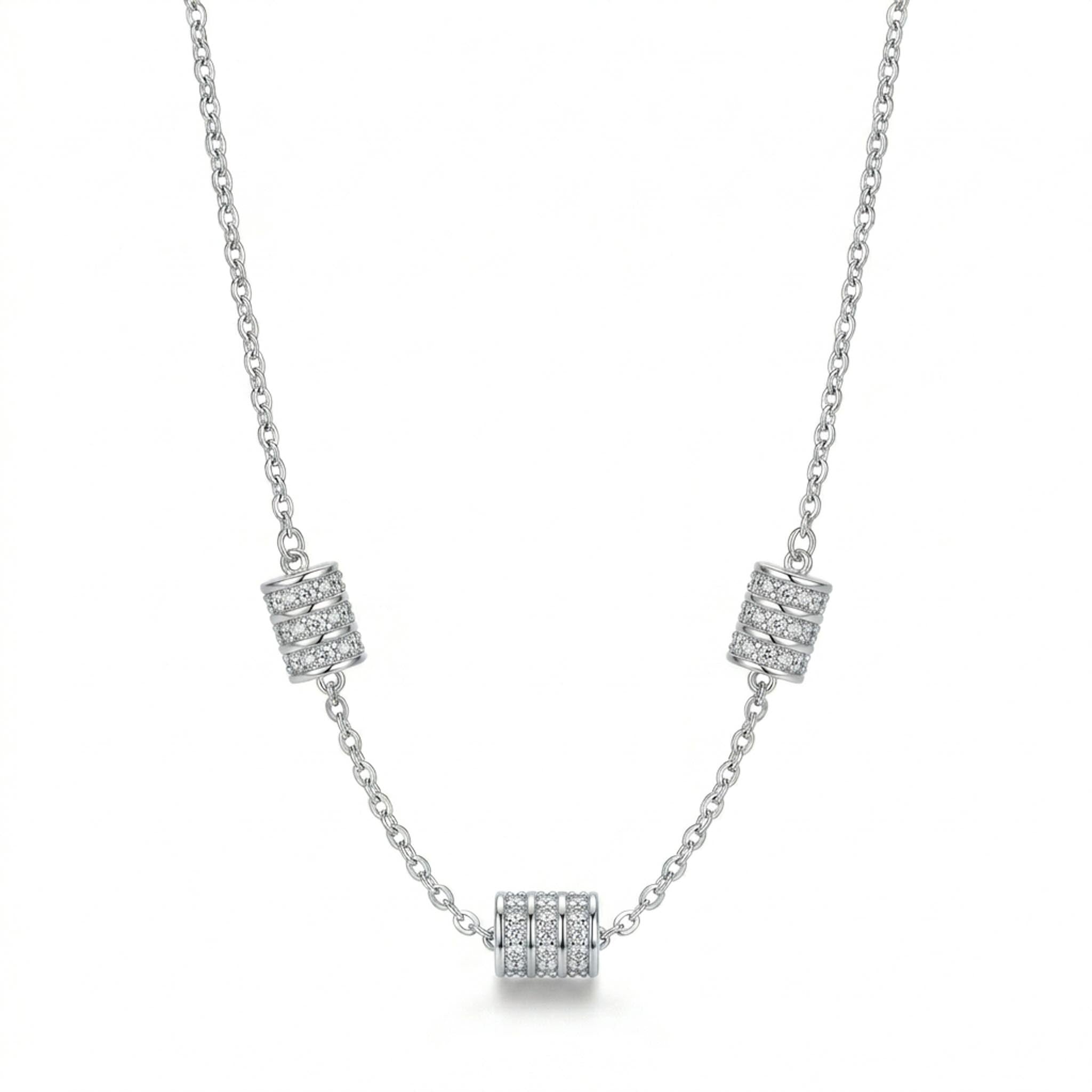 Diamond Barrel 925 sterling silver necklace featuring three sparkling pavé crystal barrel beads suspended along a delicate silver chain