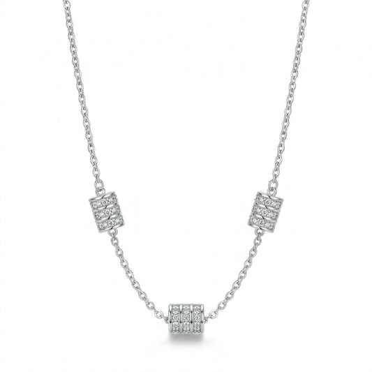 Triple Barrel Station Necklace in Silver Tone with Pave Crystal Accents, Displayed on White Background