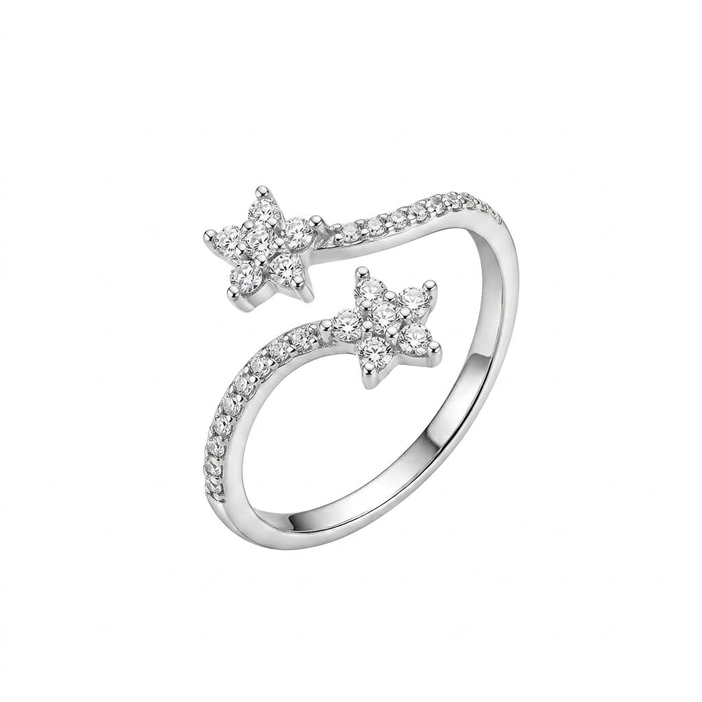 Diamond Flower Trail 925 Sterling Silver Ring with dual flower-inspired diamond clusters and pave diamond detailing on a graceful open-band sterling silver design