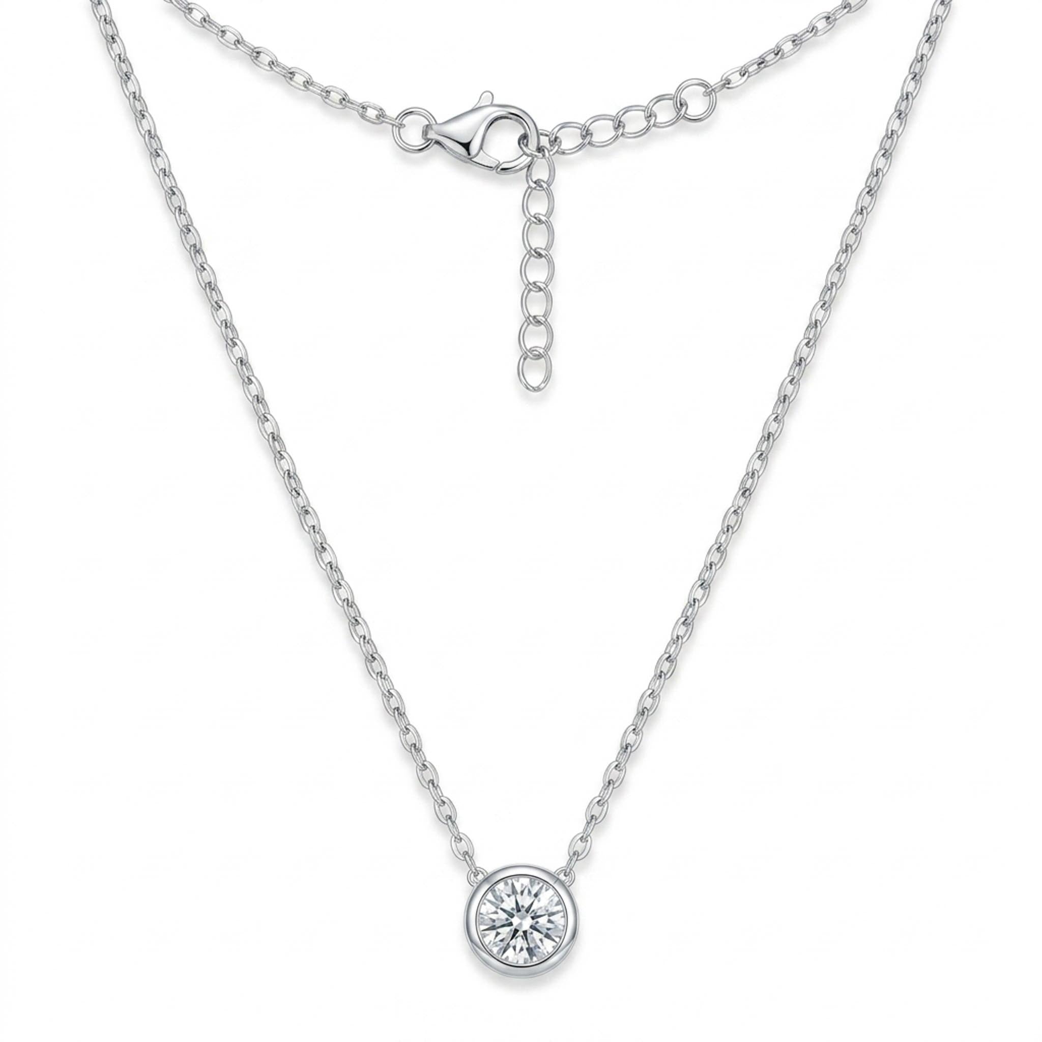 Diamond Halo 925 sterling silver necklace featuring a brilliant round-cut crystal solitaire pendant in a sleek bezel setting on a delicate silver chain