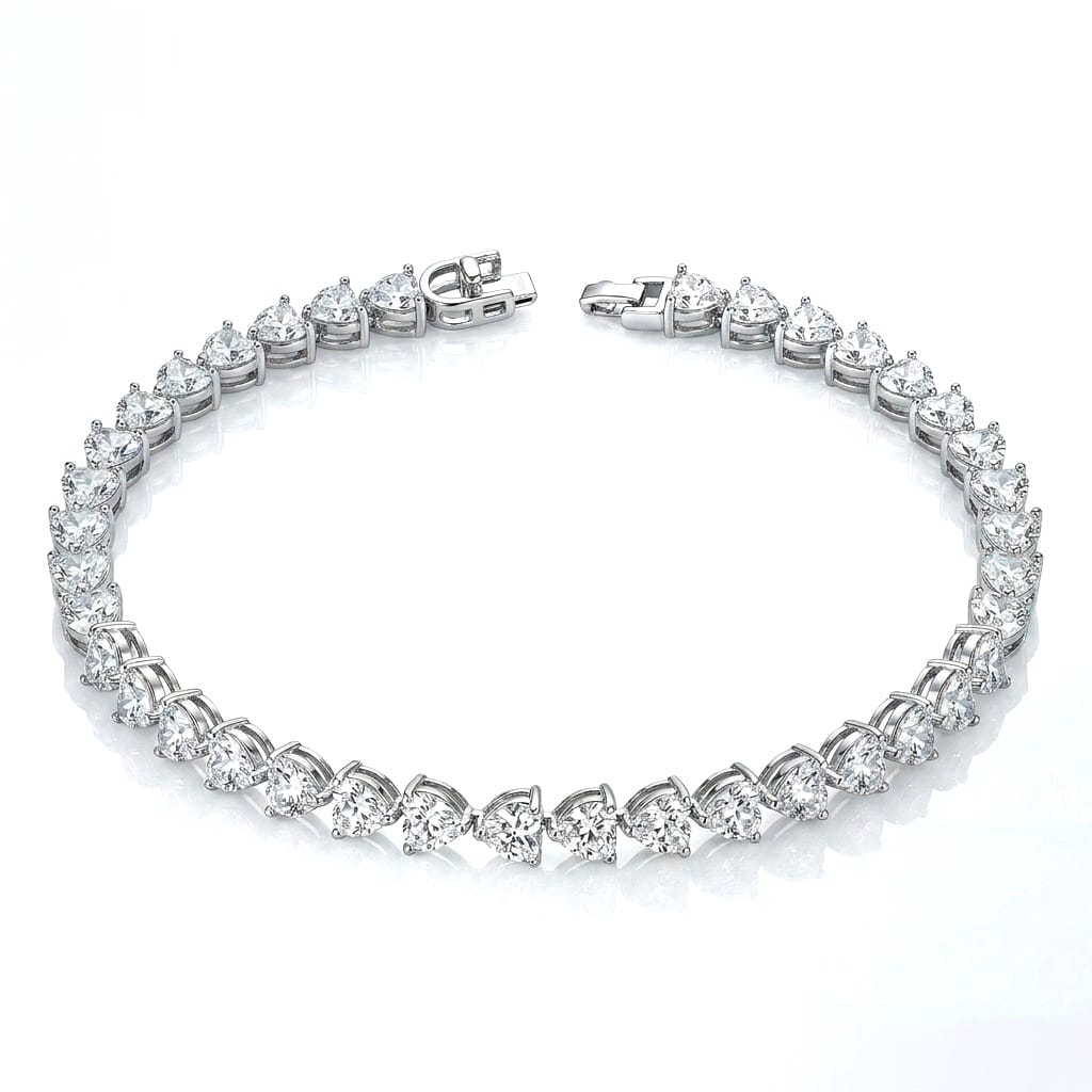 Diamond Heart 925 Sterling Silver Bracelet featuring a continuous row of sparkling heart-shaped stones set