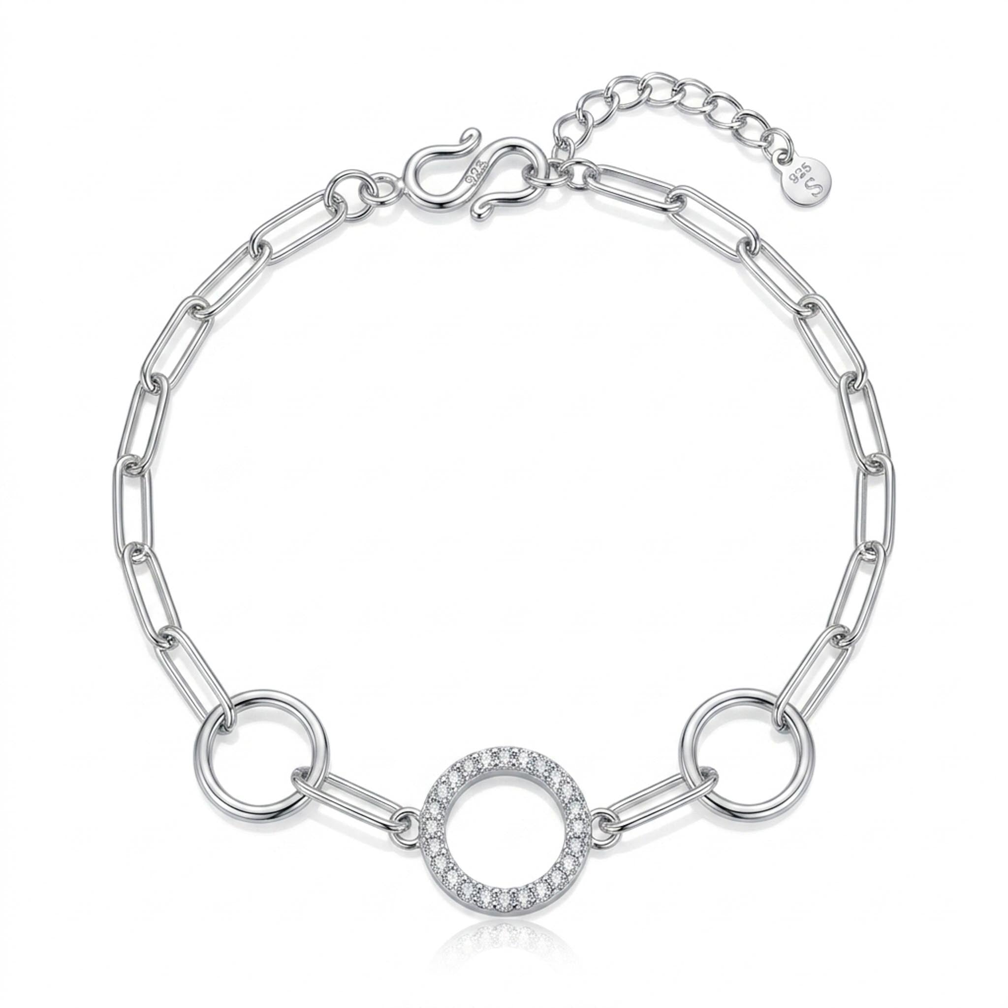 Diamond Link 925 Sterling Silver Bracelet featuring a modern paperclip chain design with a sparkling pave-set circular centerpiece, accented by polished round links and finished with an adjustable clasp