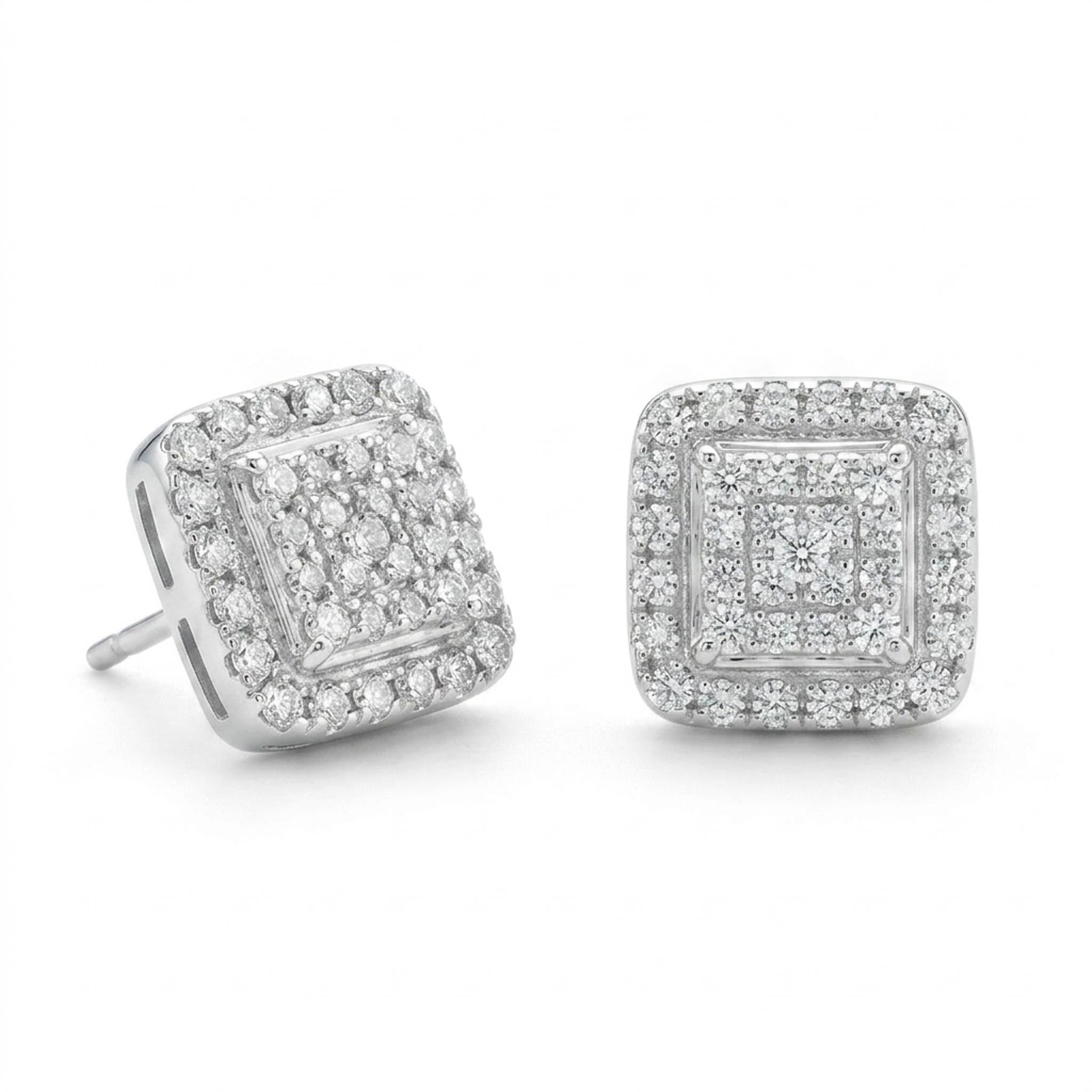 Diamond Manor 925 Sterling Silver stud earrings featuring a square cushion-shaped design with multiple rows of sparkling cubic zirconia stones