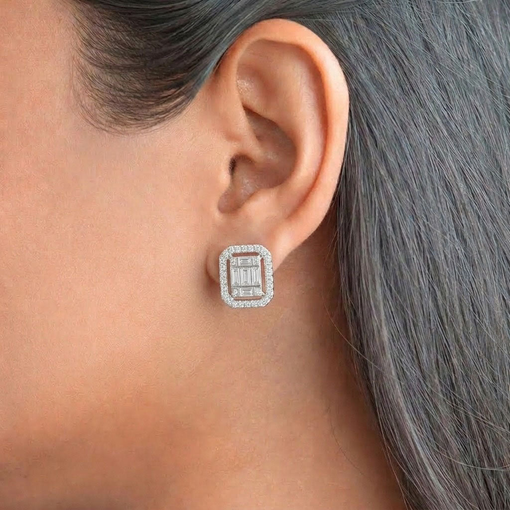 Diamond Pavilion 925 Sterling Silver Earrings featuring a geometric square design with baguette-cut cubic zirconia stones arranged in an elegant architectural pattern, framed by a sparkling pave halo