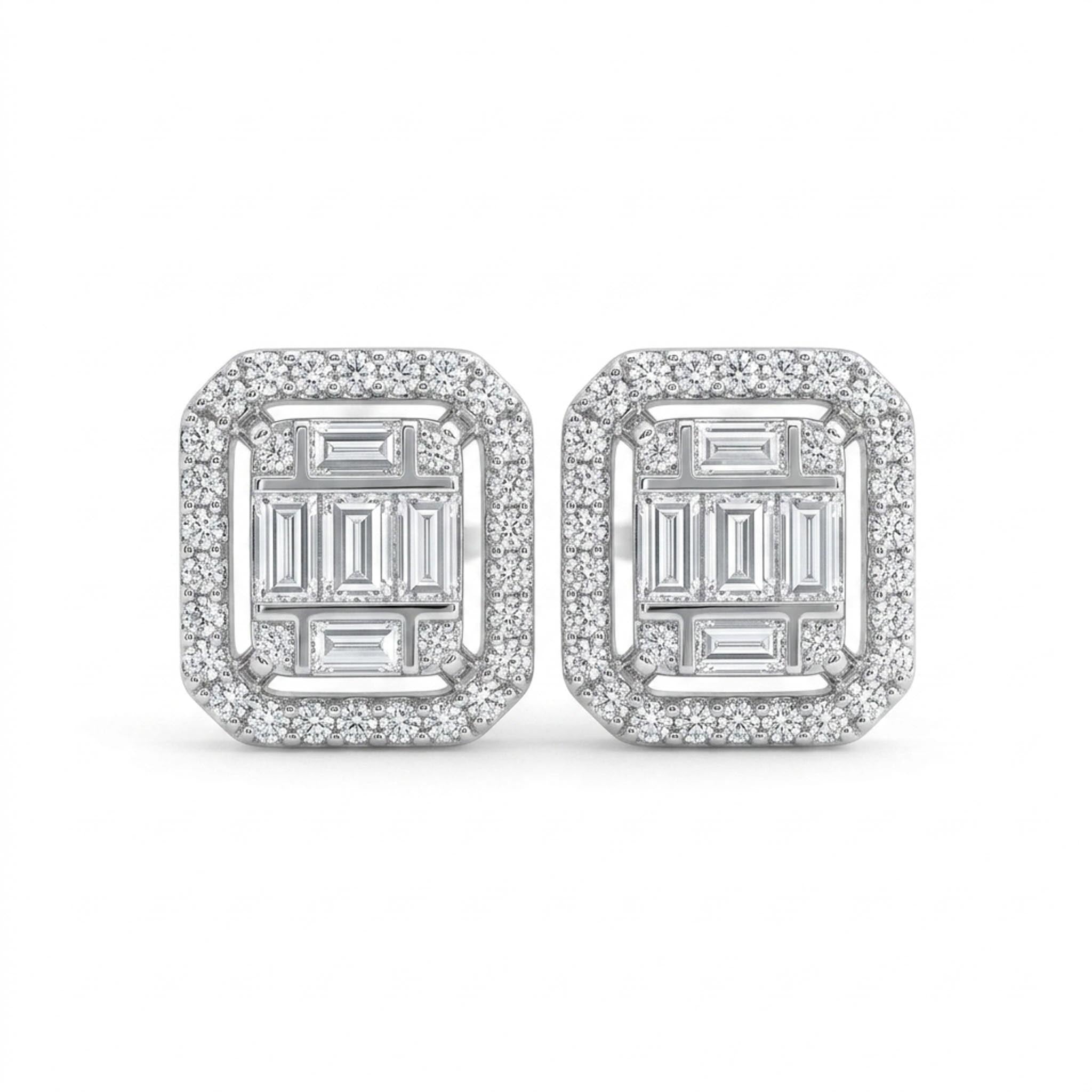 Diamond Pavilion 925 Sterling Silver Earrings featuring a geometric square design with baguette-cut cubic zirconia stones arranged in an elegant architectural pattern, framed by a sparkling pave halo