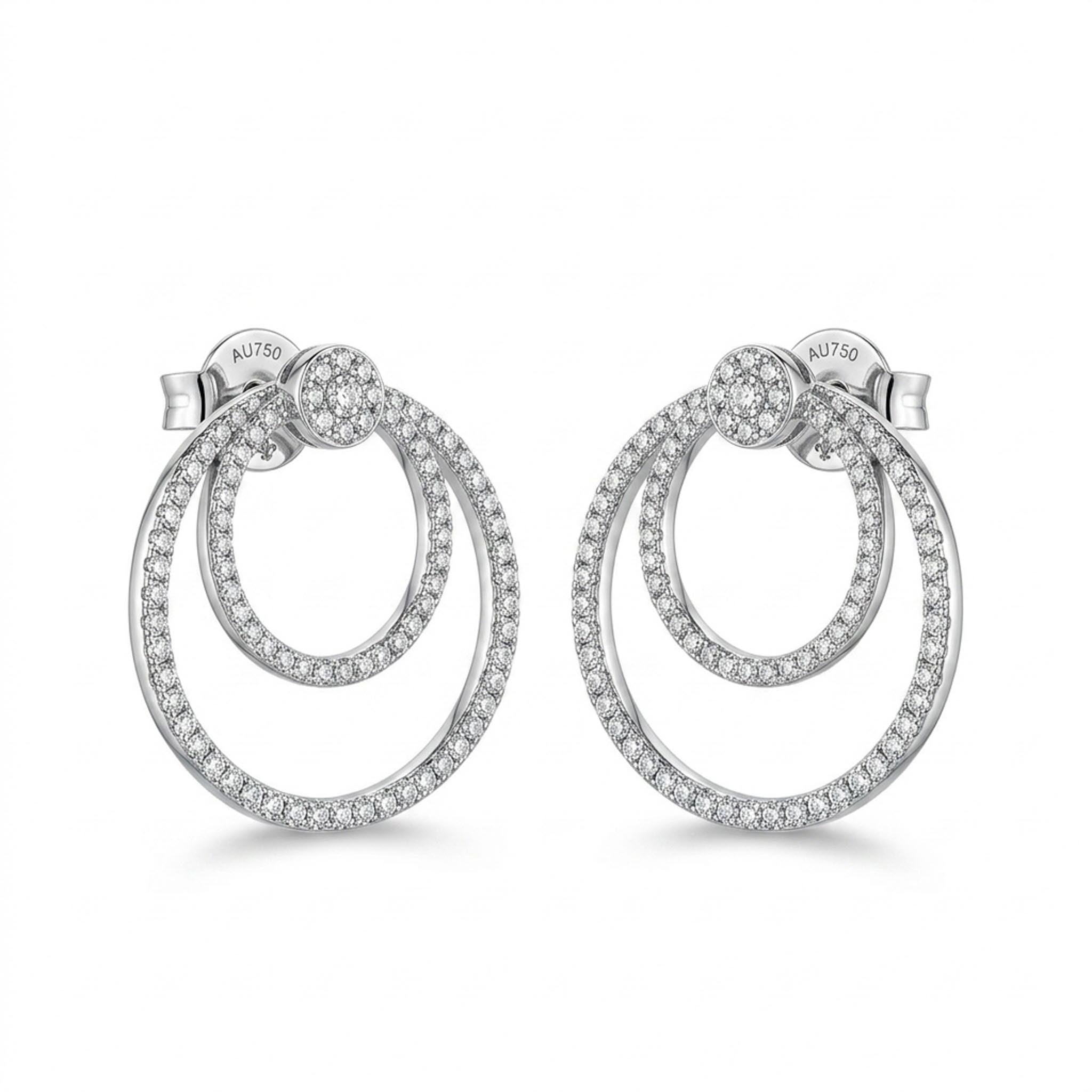 Double Orbit 925 Sterling Silver Earrings featuring two interlocking pave-set circular hoops adorned with shimmering cubic zirconia stones