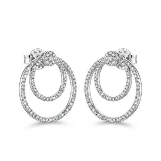 925 sterling silver double-circle drop earrings with pave-set stones, displayed on a white background