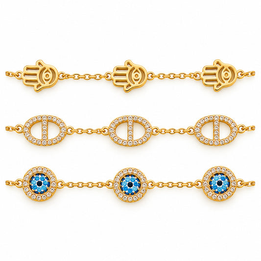 Three anti-tarnish gold-plated chain bracelets featuring repeating Hamsa hand charms, crystal-studded oval link motifs, and blue evil eye medallions, arranged in parallel on a clean white background with a polished premium finish.
