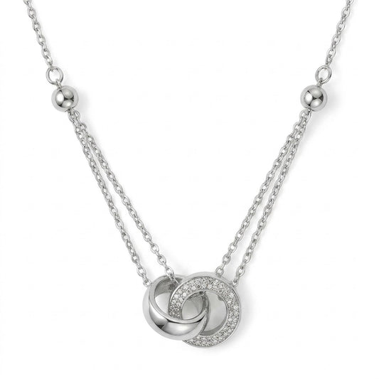 Interlocking Circle Pendant Necklace with Pave Crystal Accents in Silver Tone, Displayed on White Background