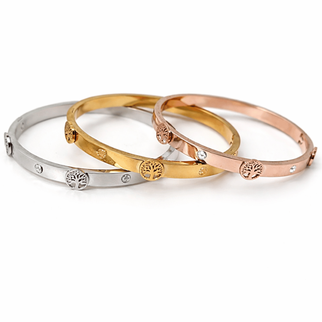 Sleek tree motif bangle bracelet available in gold rose gold and silver minimal everyday jewelry piece
