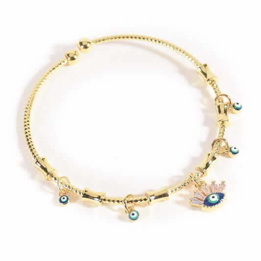 Minimal golden charm bangle with a sleek adjustable design and anti-tarnish finish, perfect for everyday wear, dainty styling, and effortless chic looks.