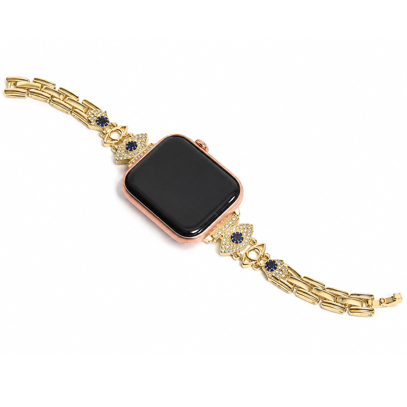 Close-up view of a rose gold smartwatch with a gold link strap featuring blue crystal-studded butterfly charms on a white background.