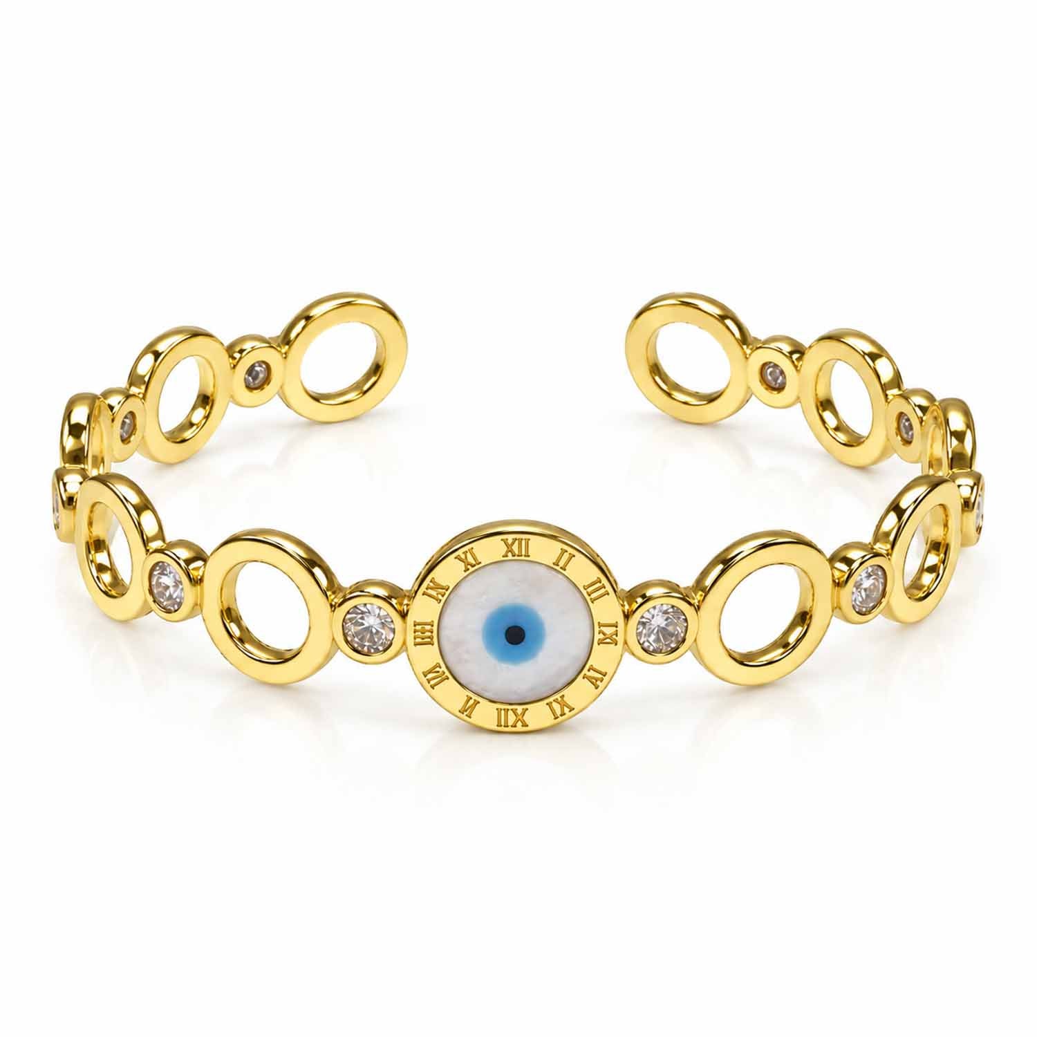 Gold bracelet featuring a prominent blue evil eye centerpiece framed with Roman numeral detailing, alternating polished oval links, and sparkling crystal connectors, displayed on a clean white background.
