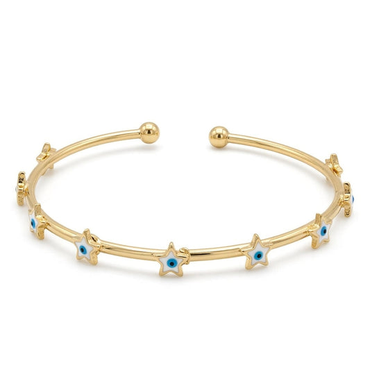 Anti-tarnish yellow gold open cuff bracelet featuring white enamel star stations with blue evil eye centers and smooth ball-end terminals, set against a solid white background.