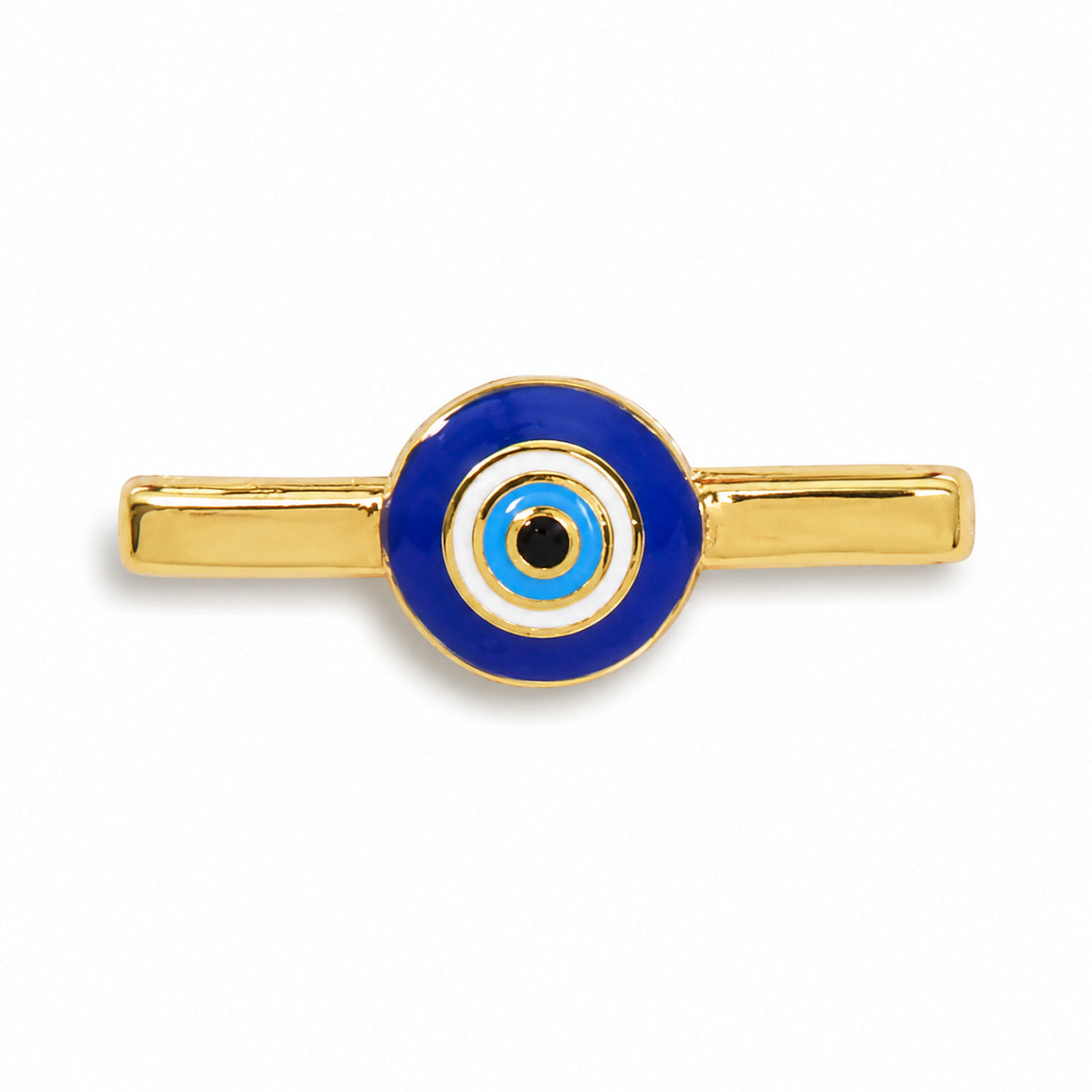 Gold-tone watch accessory featuring a blue evil eye design on a white background.