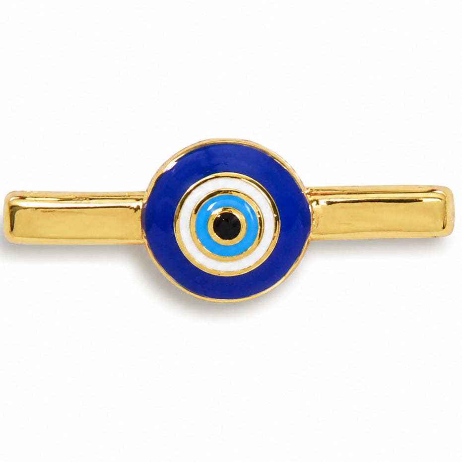 Gold-tone watch accessory featuring a blue evil eye design on a white background.