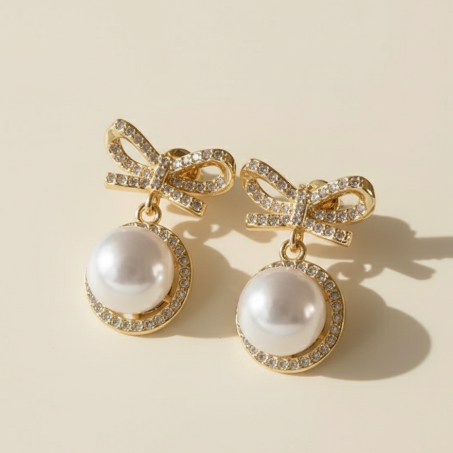 Pearl Bow Diamond Earrings
