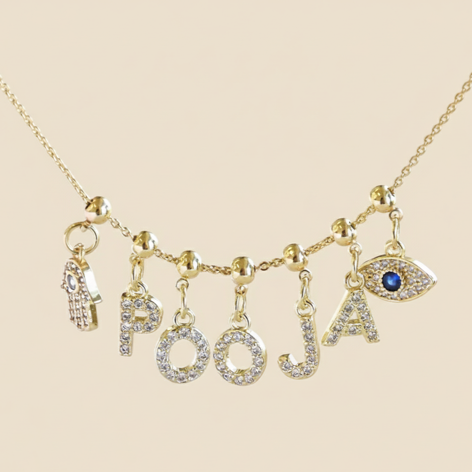 Name Necklace with Charms | Gold Finish Pendant for Women & Teens
