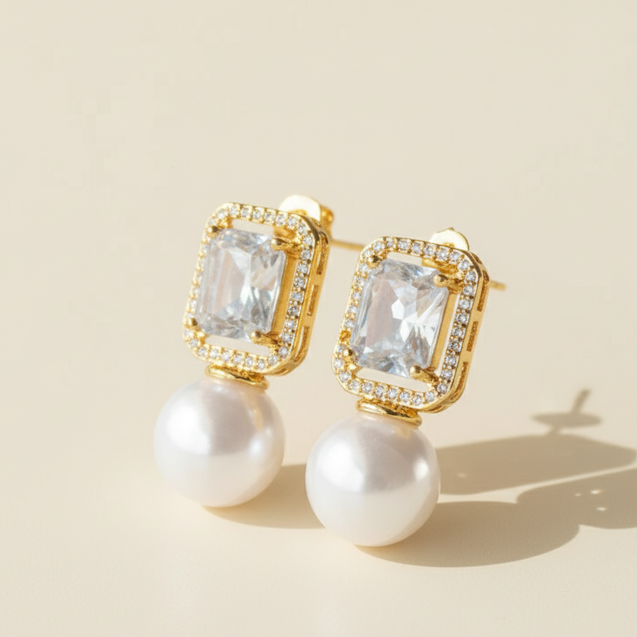 Rectangular Diamond Pearl Earrings