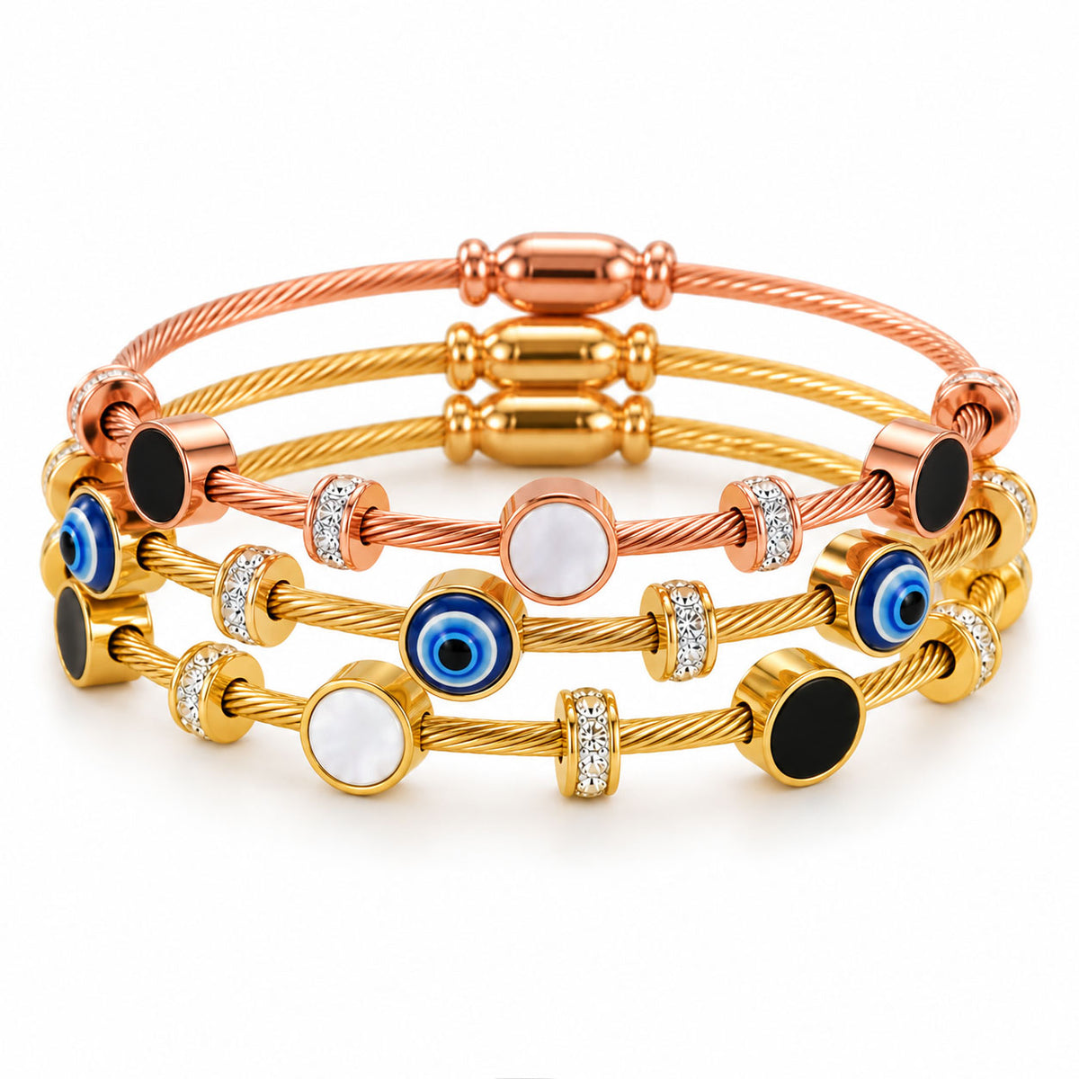 : A set of three cable-style wire bangles displayed together as a coordinated stack featuring cylindrical clasps at the top.