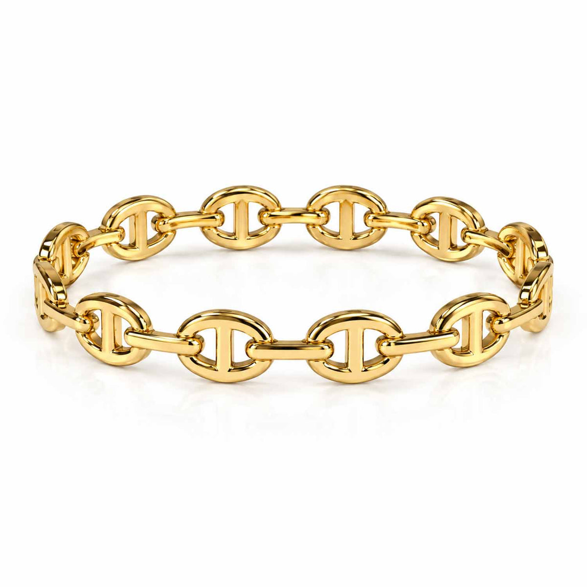 Gold geometric link cuff bangle featuring repeating circular links and polished bar detailing.