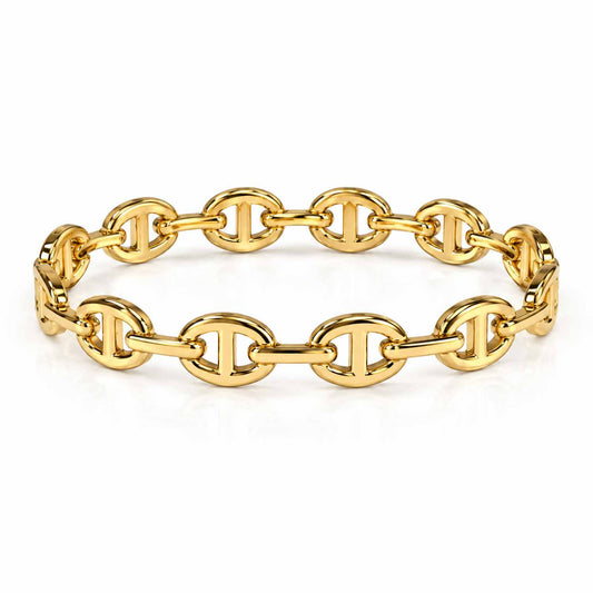 Gold geometric link cuff bangle featuring repeating circular links and polished bar detailing.