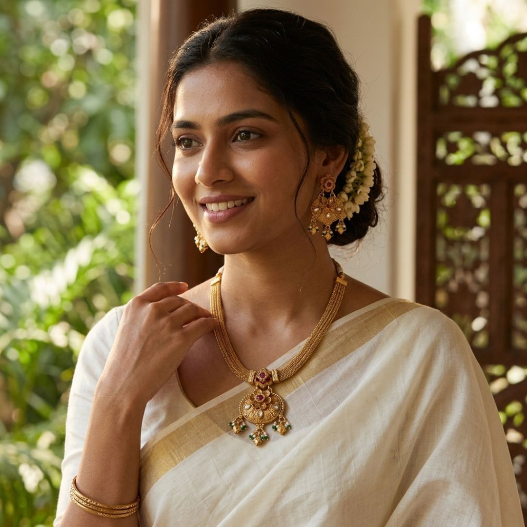 Golden Orchid necklace set with floral medallion, ruby center, antique gold finish and matching earrings for bridal festive wear.
