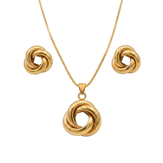 Anti-tarnish yellow gold jewelry set featuring a fine, rounded box chain necklace with an openwork love knot pendant formed by three thick, overlapping polished gold rings, paired with matching three-dimensional interlocked ring knot stud earrings.