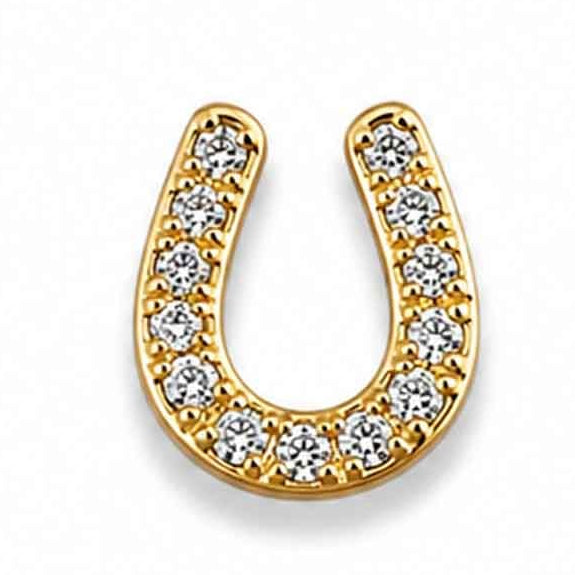 Zoomed-out view of a gold-toned CHARM “HORSESHOE” charm decorated with sparkling white floral stones, placed on a clean white background.