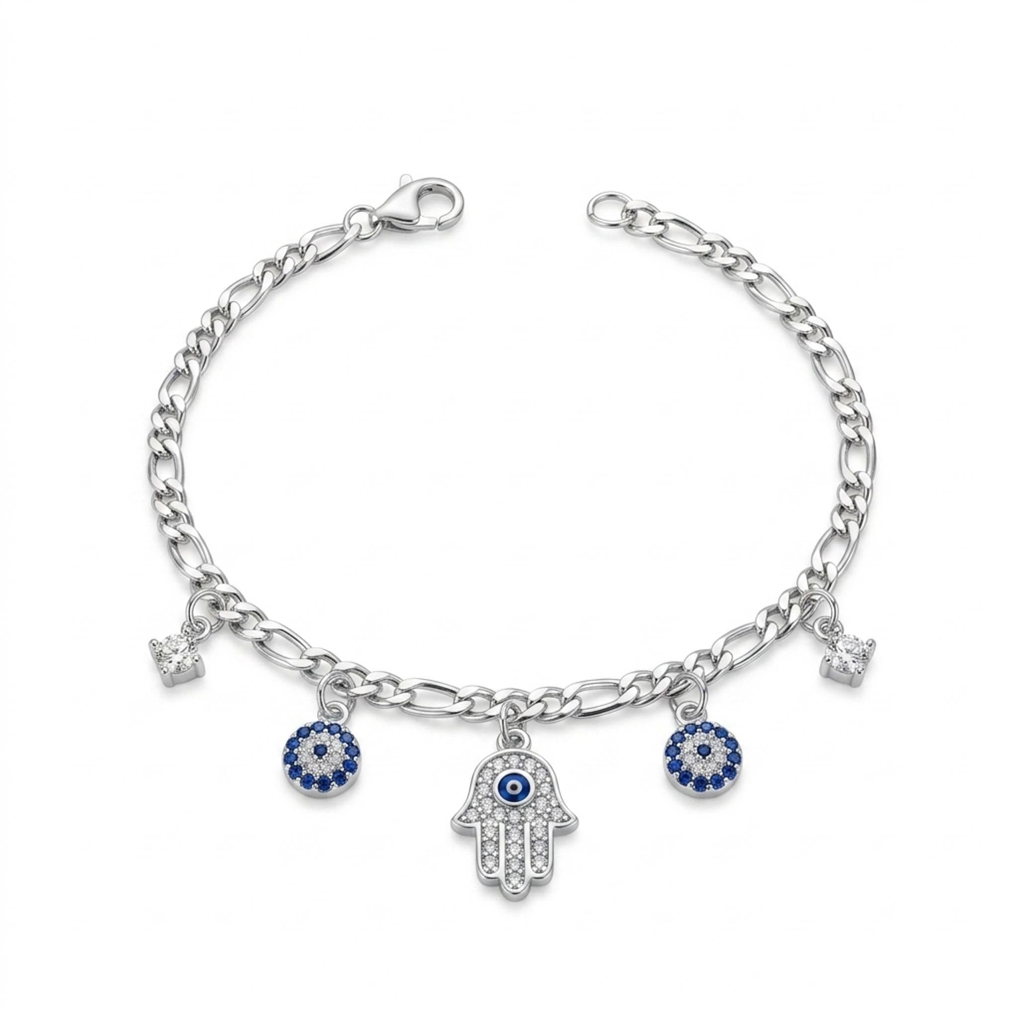 Hamsa Charm 925 Sterling Silver Bracelet featuring a stylish curb and link chain adorned with a sparkling Hamsa hand charm, blue evil eye accents, and crown charms