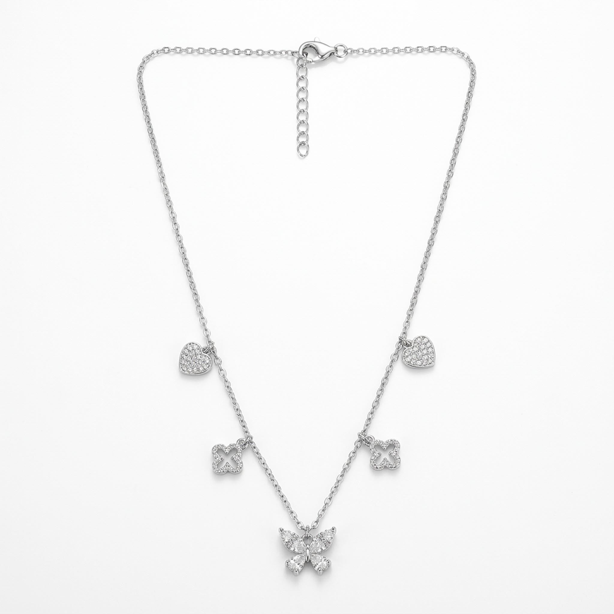 Heart & Butterfly Charm 925 sterling silver necklace with crystal heart and butterfly charms