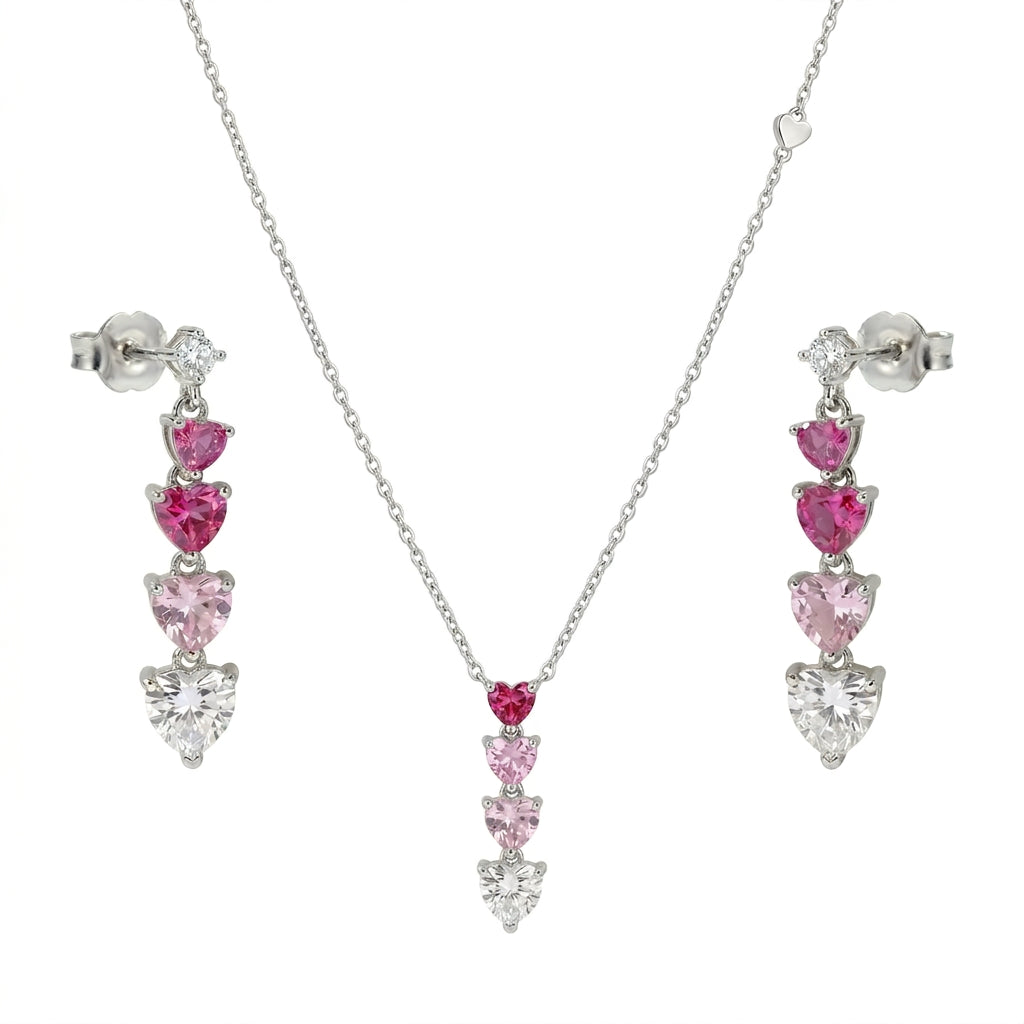 Heart Cascade 925 Sterling Silver Jewelry Set featuring a necklace and matching earrings with sparkling heart-shaped pink and clear crystals in a cascading design
