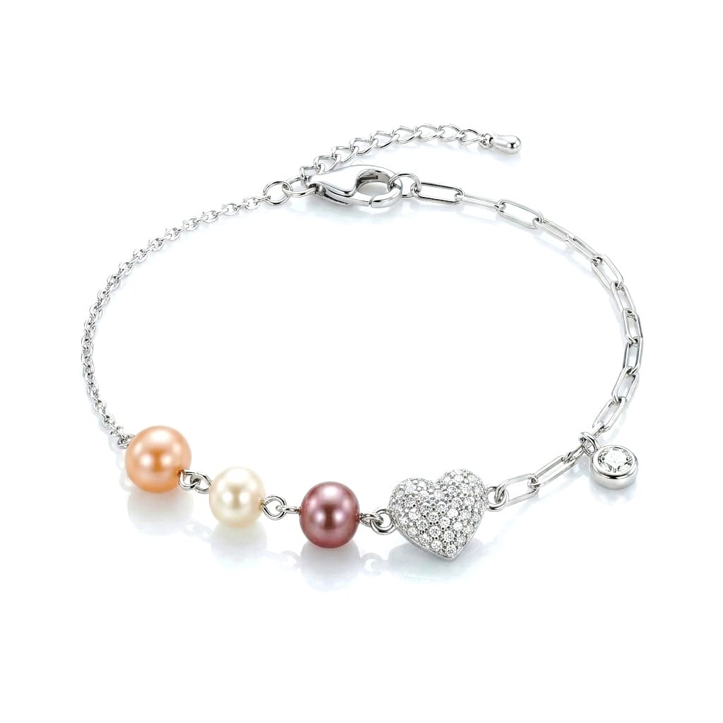 Heart of Pearls 925 Sterling Silver Bracelet featuring pastel pink and white pearls, a sparkling pave heart charm, crystal accent, and adjustable silver chain.