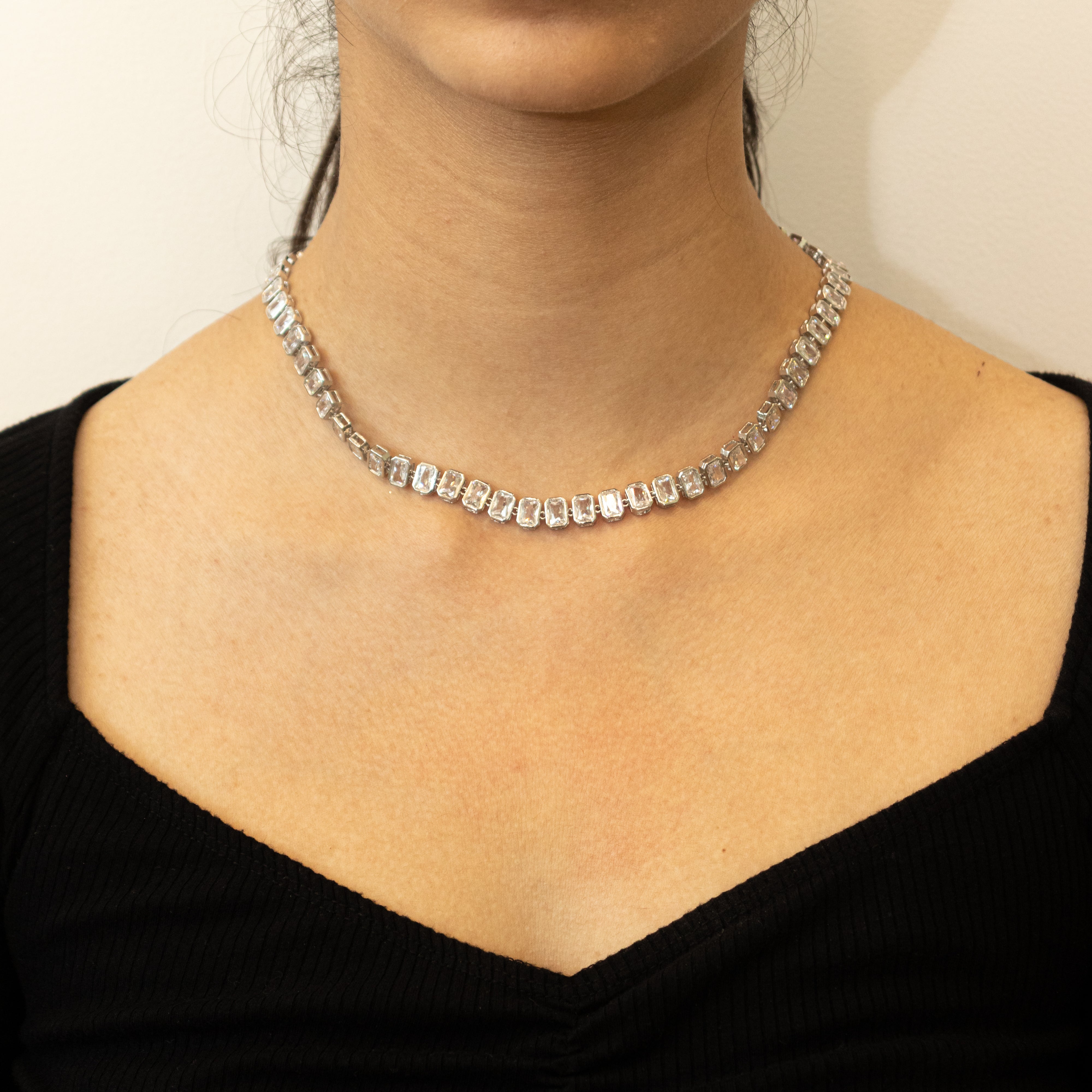 Silver Studded Rectangular Necklace
