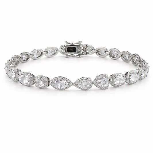 Imperial Sparkle tennis bracelet with multi-cut stones and pavé halo detailing in a polished metal finish