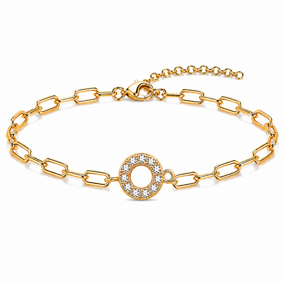 Gold-tone chain bracelet with elongated oval links and a circular sparkling gemstone centerpiece, featuring a lobster clasp and adjustable extender chain, displayed on a clean white background.