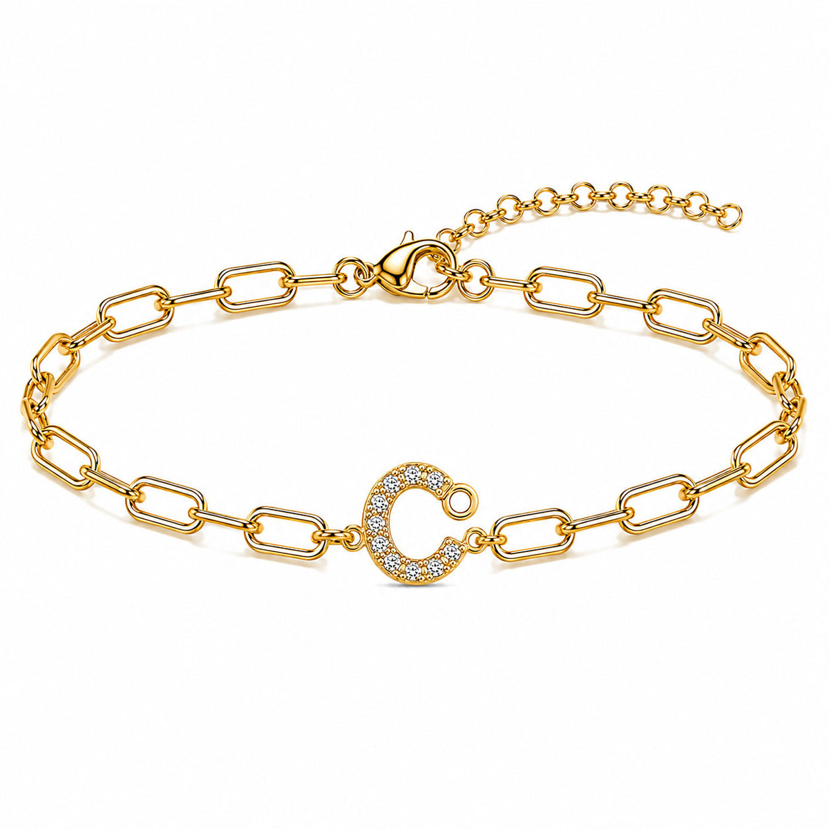 Gold-tone chain bracelet with elongated oval links, a sparkling letter “C” charm, lobster clasp, and adjustable extender chain, displayed on a clean white background.