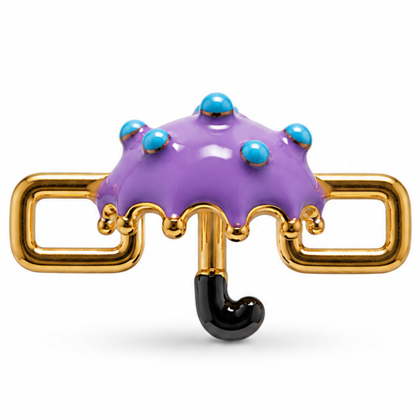 Detailed purple umbrella jewellery charm featuring a glossy dome-shaped purple umbrella canopy decorated with raised turquoise-blue bead accents, scalloped gold-trimmed edges, a gold central shaft, and a curved glossy black handle. Textured gold rectangular loops extend horizontally from both sides.