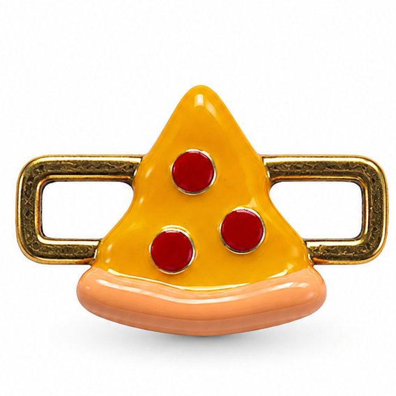 Detailed yellow and orange pizza-slice jewellery charm featuring a glossy triangular golden-yellow pizza slice topped with three round red pepperoni-style accents, a raised orange-golden crust along the bottom edge, and a rectangular antique-gold loop extending horizontally from both sides.