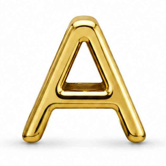 Gold-tone uppercase A letter charm with a smooth, glossy finish and rounded edges, featuring a bold and simple design. The charm is displayed against a clean white background.