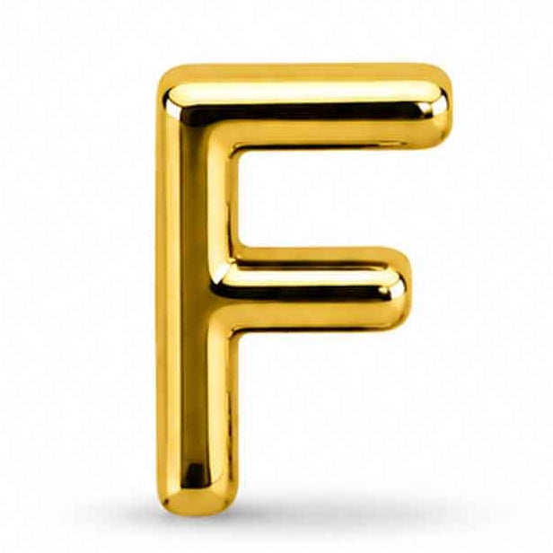 Gold-tone uppercase F letter charm with a smooth, glossy finish and rounded edges, featuring a bold and simple design. The charm is displayed against a clean white background.
